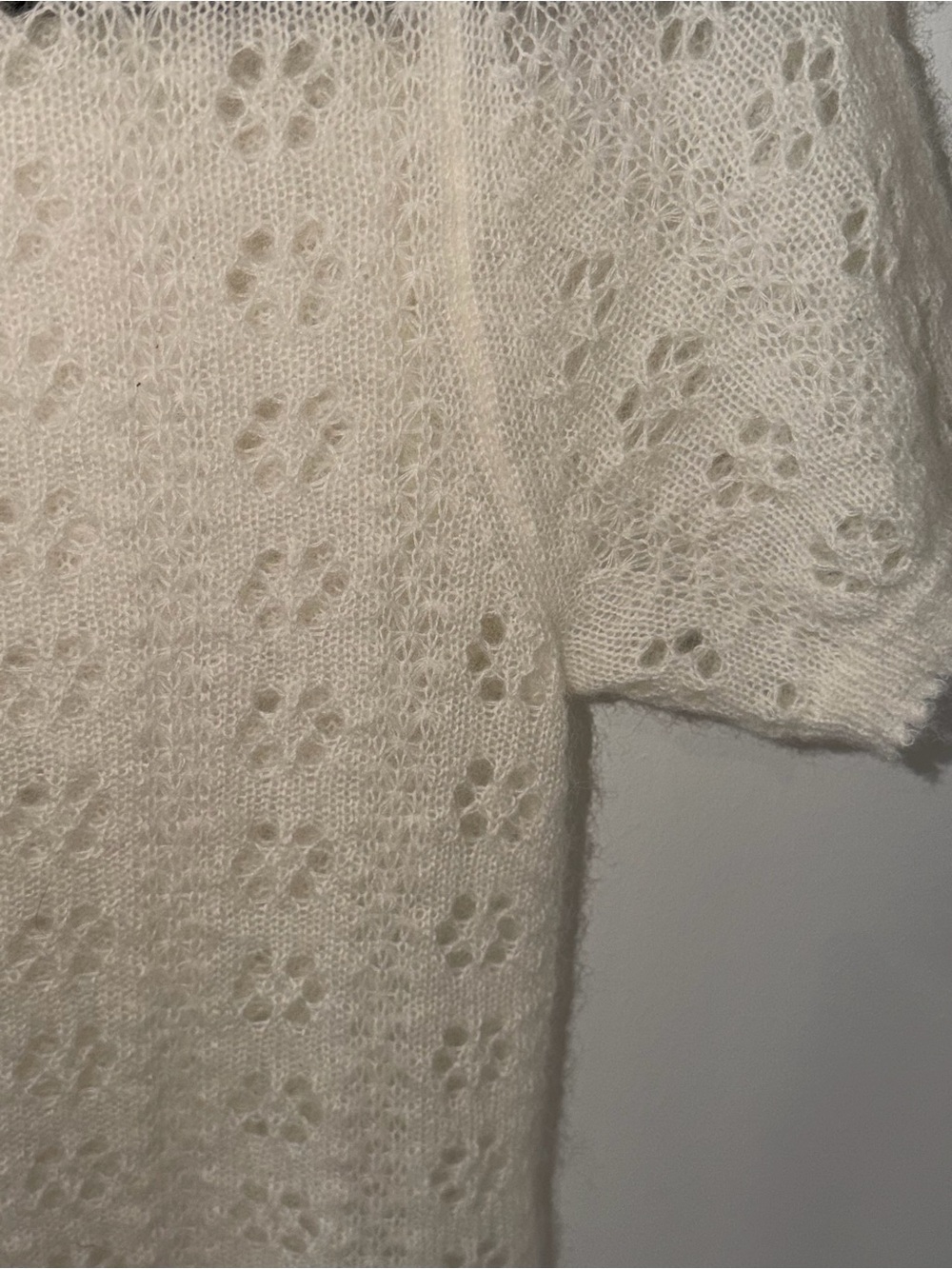 DÔEN Monica Alpaca Wool Pointelle Short Sleeve Sweater - Ivory/Swan XS - Picture 8 of 12